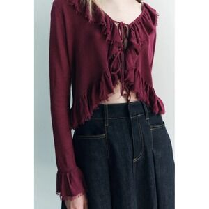 Zara Burgundy Ruffle‎ Trim Tie Front Cardigan Knit Top Womens Size M Linen Blend